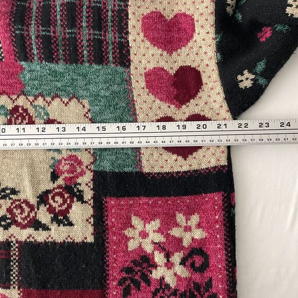 VTG Bungle Boy Women's Patchwork Heart Floral Sweater Black Red Size L - Picture 5 of 6